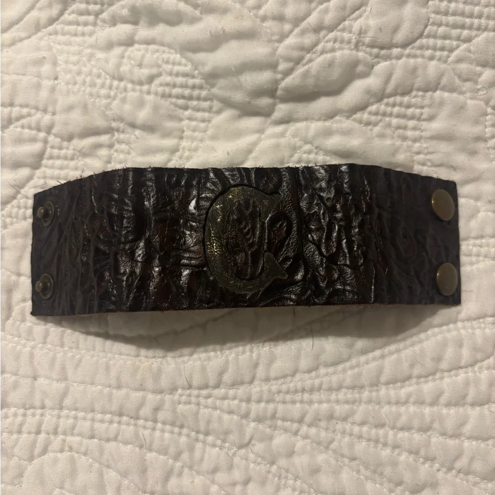 Brown Leather Embossed “C” Cuff Bracelet handmade sign by maker